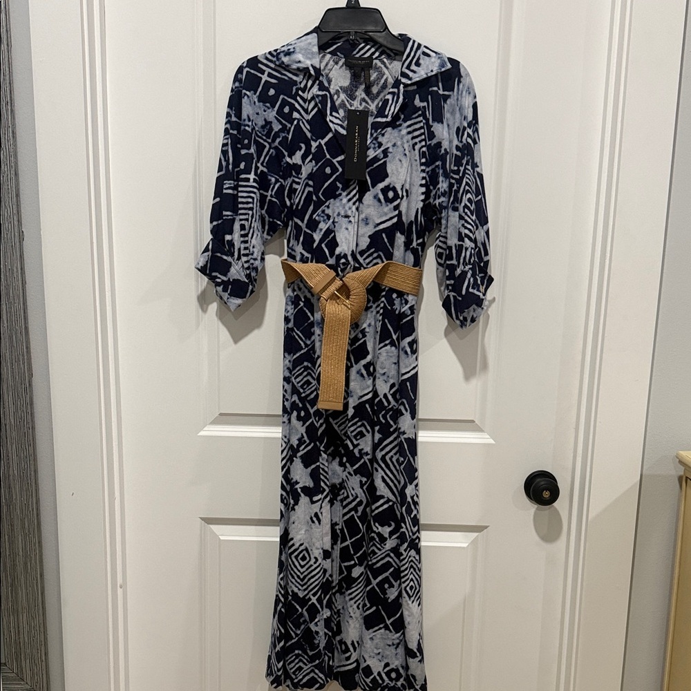 Donna Karan Navy and White Geometric Dress with Tan Belt - Picture 2 of 6